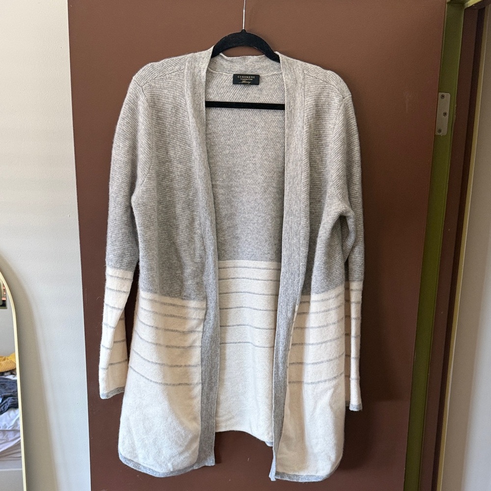 Charter Club 100% Cashmere Gray and White Long Cardigan